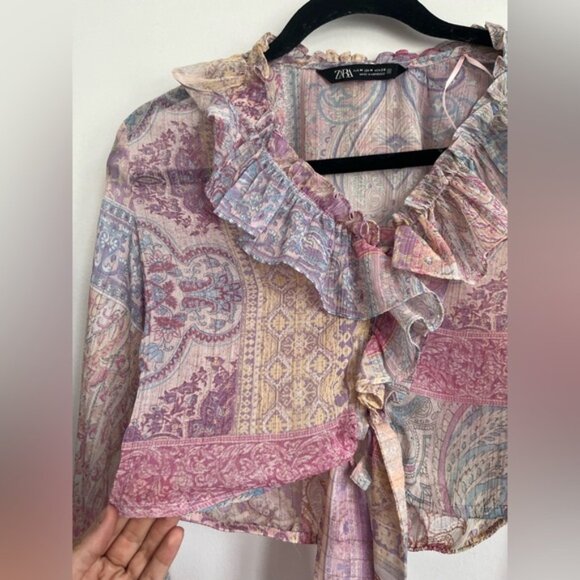 Zara Paisley Ruffle Crop Sheer Button Down Long Sleeve Blouse - Pastel - Medium - Picture 2 of 10
